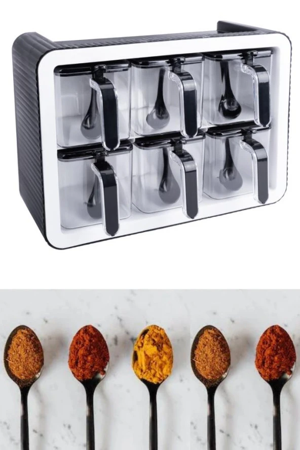 6’lı Baharatlık Seti, Standlı Kaşıklı Kapaklı Yapışkanlı Baharat Erzak Saklama Takımı Siyah-Beyaz - 3