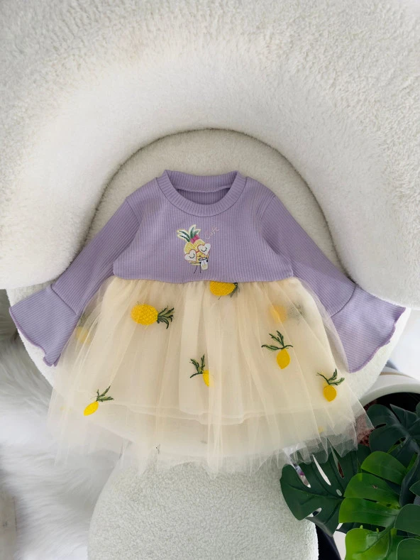 Miniğimin Cicileri Bebek Ananas İşleme Tül Elbise - Lila