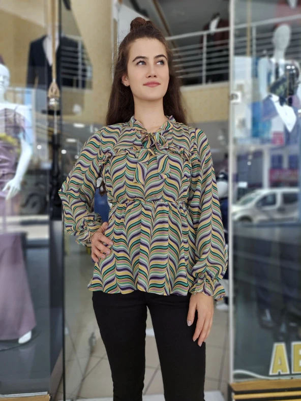 23018 Uzun Kollu Beli Lastikli Şifon Bluz - 2