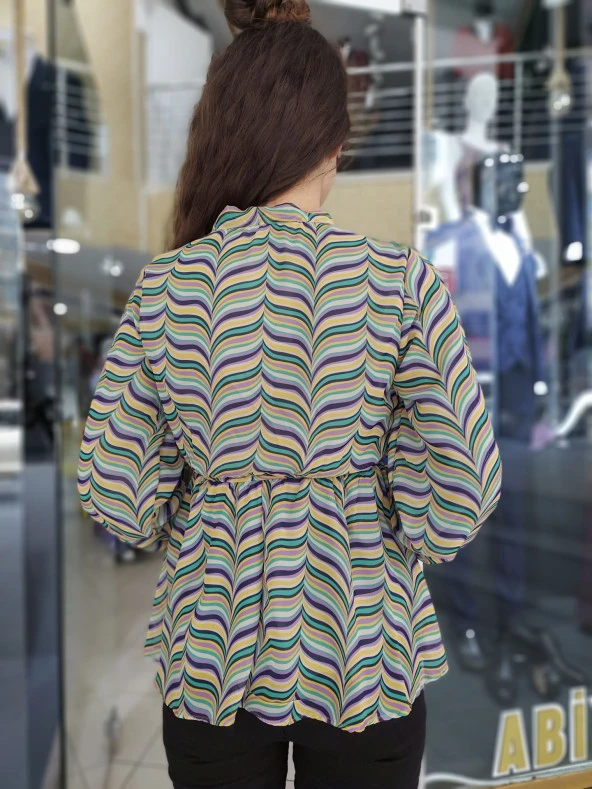 23018 Uzun Kollu Beli Lastikli Şifon Bluz - 4