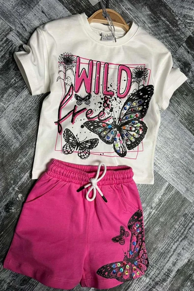 Kız Çocuk Kelebek ve Yazı Baskılı Penye Pembe Şortlu Takım ürün görseli