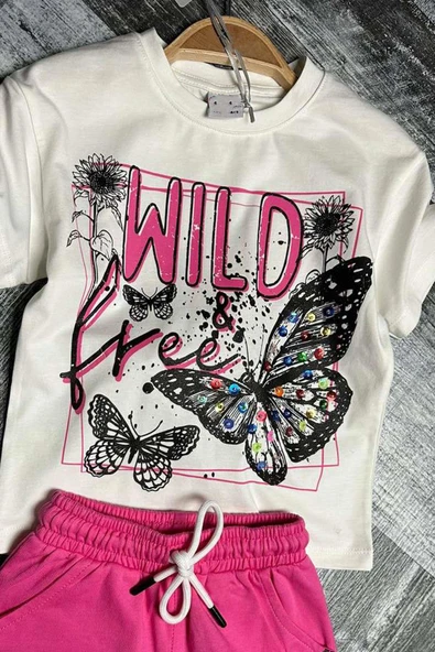 Kız Çocuk Kelebek ve Yazı Baskılı Penye Pembe Şortlu Takım - Resim 2