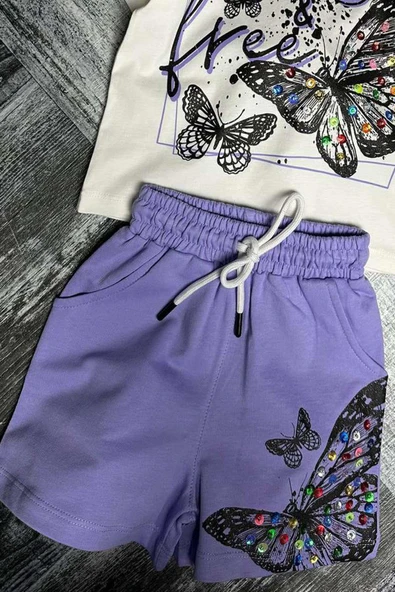 Kız Çocuk Kelebek ve Yazı Baskılı Penye Mor Şortlu Takım - Resim 3