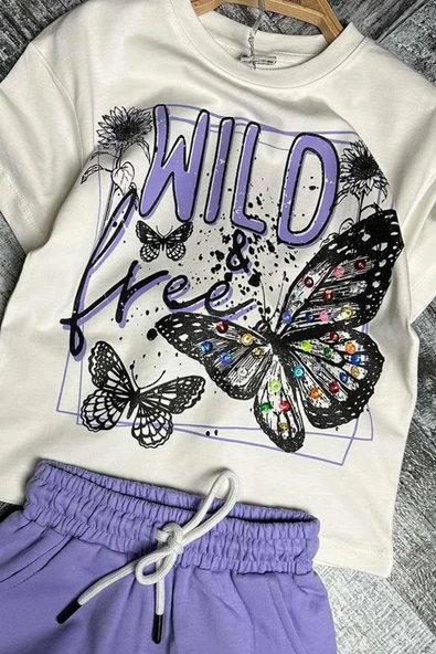 Kız Çocuk Kelebek ve Yazı Baskılı Penye Mor Şortlu Takım - Resim 2