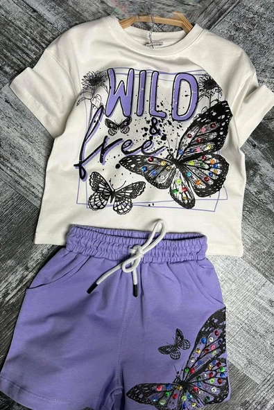 Kız Çocuk Kelebek ve Yazı Baskılı Penye Mor Şortlu Takım ürün görseli