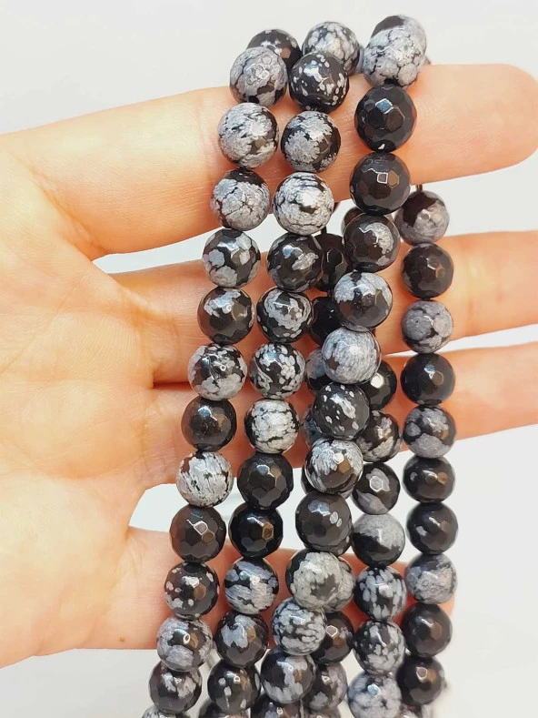 Kar Tanesi Obsidyen Taşı Faset Kesim Dizi 7.5mm (49252) ürün görseli