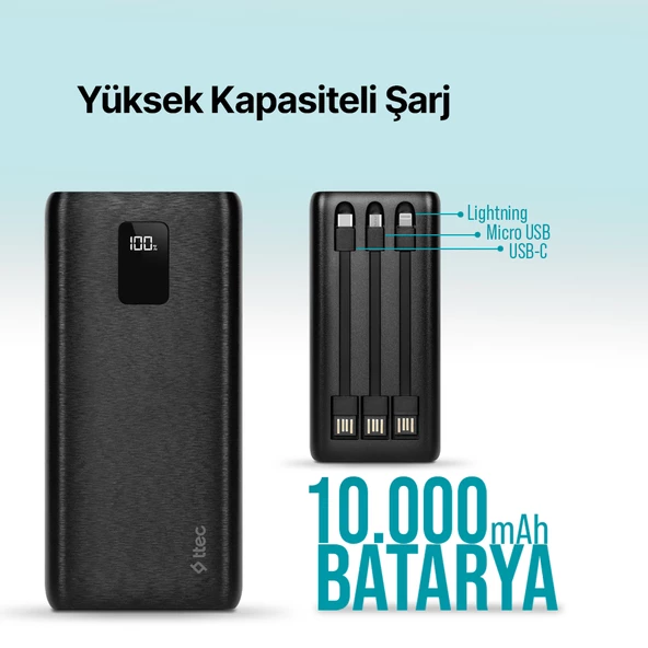 ttec PowerSlim Trio LCD 10.000mAh PD 22,5W Dahili Kablolu Taşınabilir Şarj Aleti / Powerbank - 2