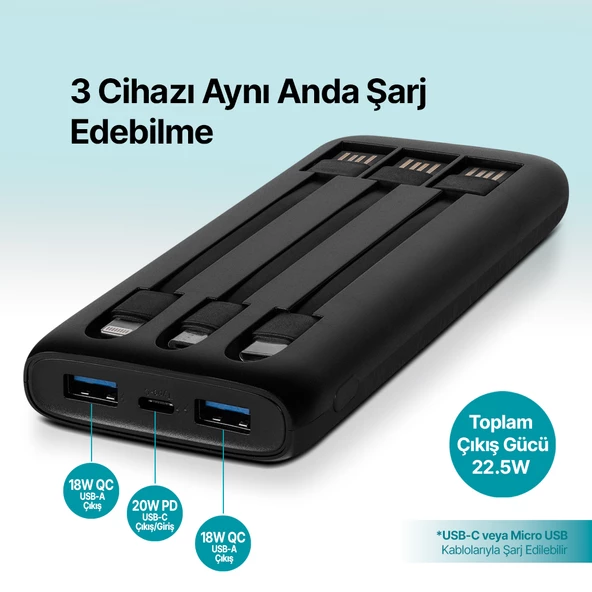 ttec PowerSlim Trio LCD 10.000mAh PD 22,5W Dahili Kablolu Taşınabilir Şarj Aleti / Powerbank - 4