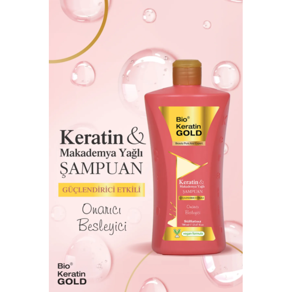 Bio Keratin Gold Keratin & Makademya Yağlı Güçlendirici Etkili Tuzsuz Şampuan 700 ml