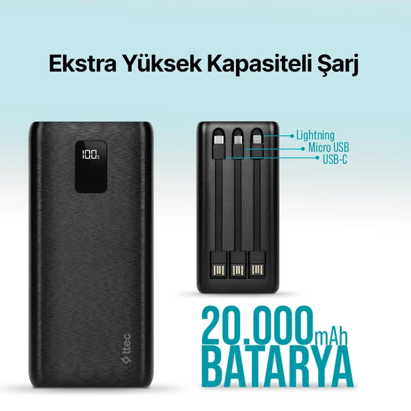 Power Ttec PowerSlim LCD Powerbank 20.000 MAh Con USB-C - Batteria Esterna Sottile Con Display