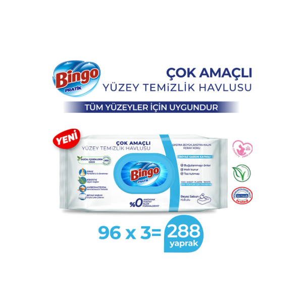 Bingo Pratik Yüzey Temizlik Havlusu Beyaz Sabun 96x3 (288 YAPRAK) - 2