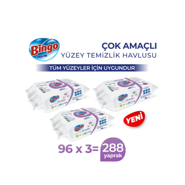 Bingo Pratik Yüzey Temizlik Havlusu Arap Sabunu Katkılı Lavanta 96x3 (288 YAPRAK)