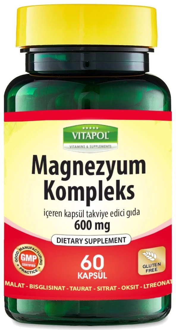 Vitapol Magnezyum Kompleks 60 Kapsül Magnesium Complex Malat Bisglisinat Taurat Sitrat Oksit L-Treonat