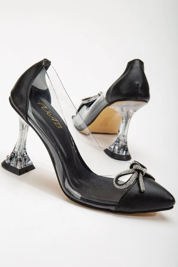Pabucmarketi Siyah Stiletto Taşlı Şeffaf Topuklu Kadın Ayakkabı