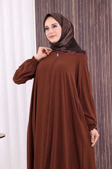 Fermuarlı Kol Manşetleri Büzgülü Mevlana Ferace 6007 Kahverengi - Resim 5