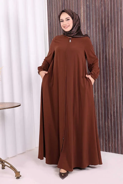 Fermuarlı Kol Manşetleri Büzgülü Mevlana Ferace 6007 Kahverengi ürün görseli