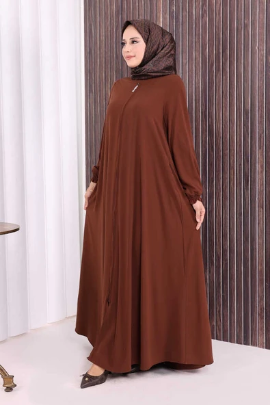 Fermuarlı Kol Manşetleri Büzgülü Mevlana Ferace 6007 Kahverengi - Resim 4