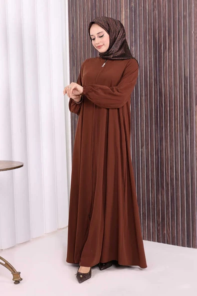Fermuarlı Kol Manşetleri Büzgülü Mevlana Ferace 6007 Kahverengi - Resim 3