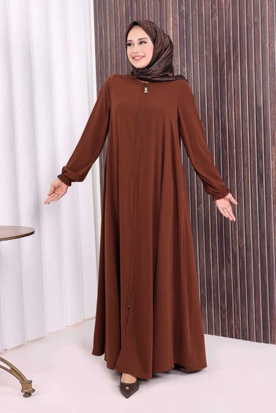 Fermuarlı Kol Manşetleri Büzgülü Mevlana Ferace 6007 Kahverengi - Resim 2