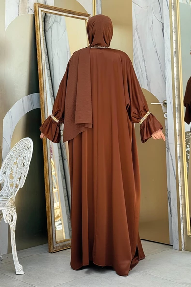 Taş İşleme Detaylı Kuşaklı Elbiseli Abaya Takım 3860 Kahverengi - 2