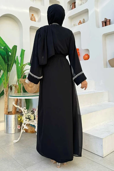 İnci Detaylı Abaya Elbise Takım 8493 Siyah - Resim 6
