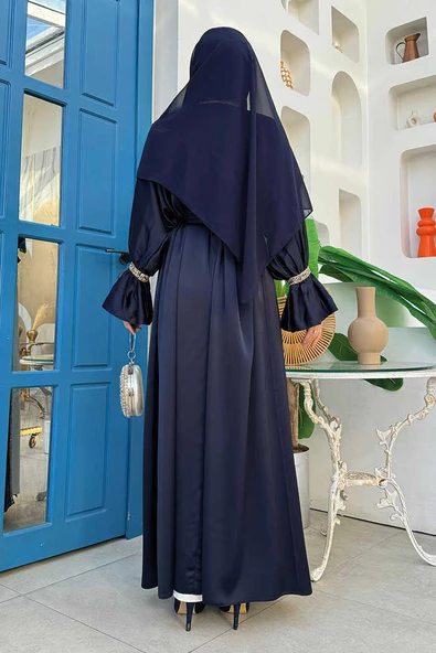 Taş İşleme Detaylı Kuşaklı Elbiseli Abaya Takım 3860 Lacivert - Resim 4
