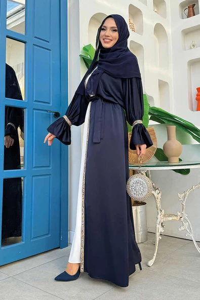 Taş İşleme Detaylı Kuşaklı Elbiseli Abaya Takım 3860 Lacivert - Resim 2
