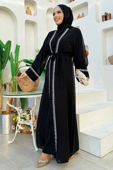 İnci Detaylı Abaya Elbise Takım 8493 Siyah - Resim 7