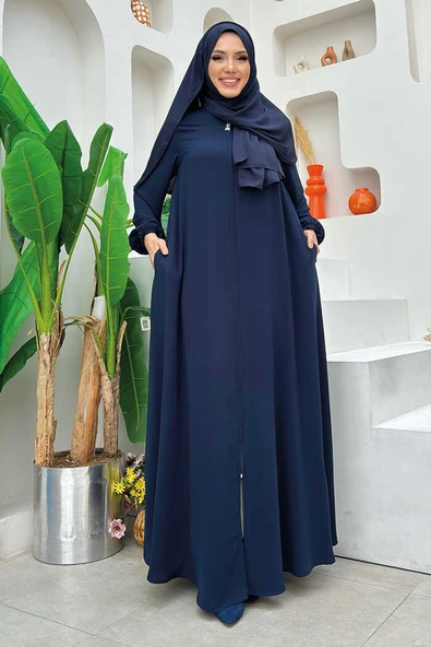 Fermuarlı Kol Manşetleri Büzgülü Mevlana Ferace 6007 Lacivert