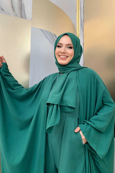 Şalıyla Birlikte Tulum ve Abaya İkili Takım 8519 Zümrüt - Resim 4