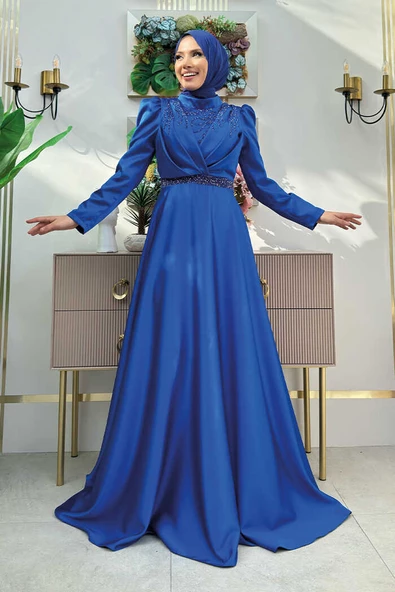 Taş Detaylı Saten Abiye Elbise 1158 Saks
