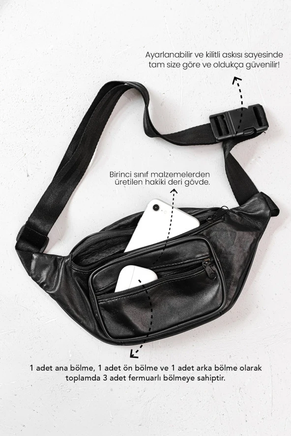 Hakiki Deri Siyah Freebag - Bel Çantası & Göğüs Çantası - 4