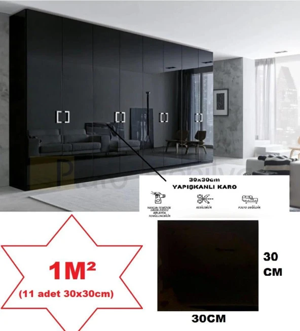 1m2 30x30 Cm (11 ADET) Kendinden Yapışkanlı Shıny Düz Siyah Parlak Duvar Ofis Mutfak Karosu Paneli