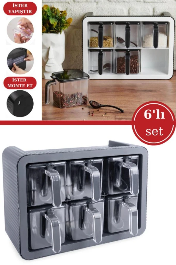 6’lı Baharatlık Seti, Standlı Kaşıklı Kapaklı Yapışkanlı Baharat Erzak Saklama Takımı Antrasit ürün görseli 1