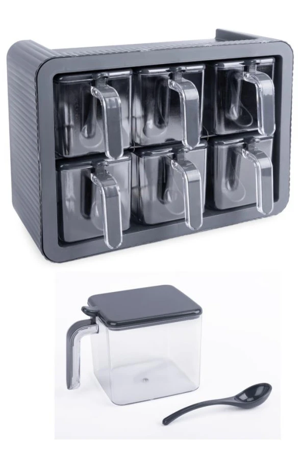 6’lı Baharatlık Seti, Standlı Kaşıklı Kapaklı Yapışkanlı Baharat Erzak Saklama Takımı Antrasit - Resim 2