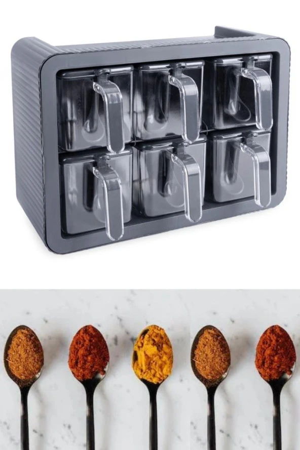 6’lı Baharatlık Seti, Standlı Kaşıklı Kapaklı Yapışkanlı Baharat Erzak Saklama Takımı Antrasit - Resim 3