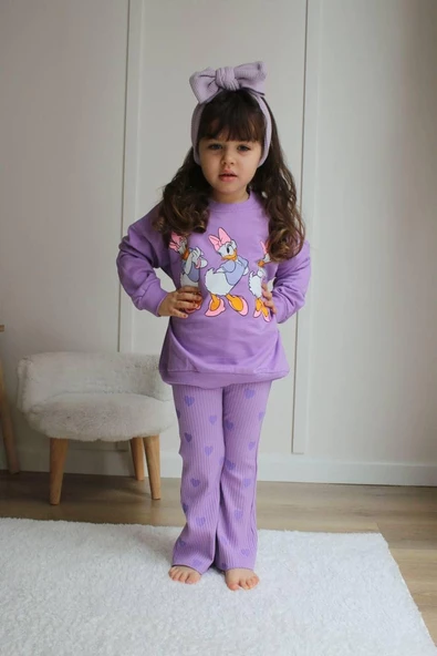 KIZ ÇOCUK 2 İPLİK MİNNİE VE DUFFY DUCK DESENLİ İSPANYOL PAÇA TAKIM - 1