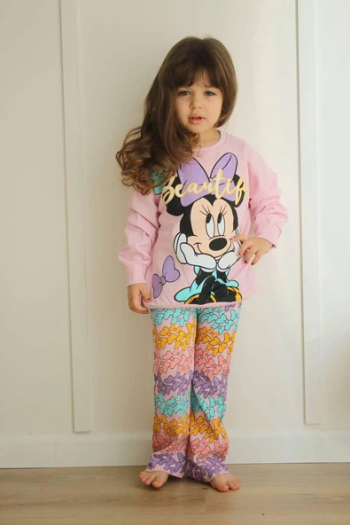 KIZ ÇOCUK 2 İPLİK MİNNİE VE DUFFY DUCK DESENLİ İSPANYOL PAÇA TAKIM - 5