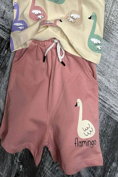 Kız Çocuk Flamingo Baskılı Kısa Kollu Pudra Şortlu Takım - Resim 3