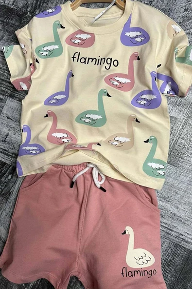 Kız Çocuk Flamingo Baskılı Kısa Kollu Pudra Şortlu Takım - Resim 4