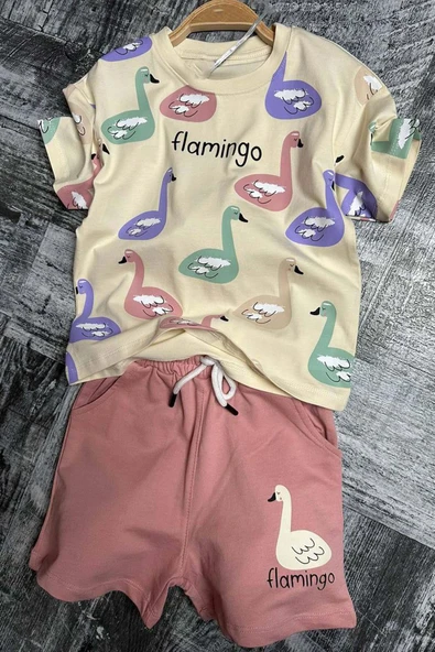 Kız Çocuk Flamingo Baskılı Kısa Kollu Pudra Şortlu Takım ürün görseli