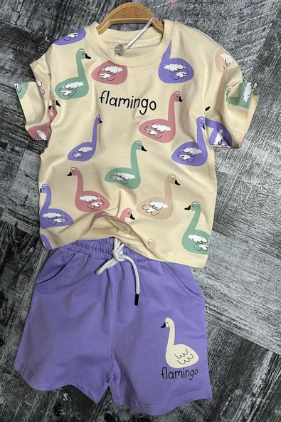 Kız Çocuk Flamingo Baskılı Kısa Kollu Mor Şortlu Takım - Resim 3