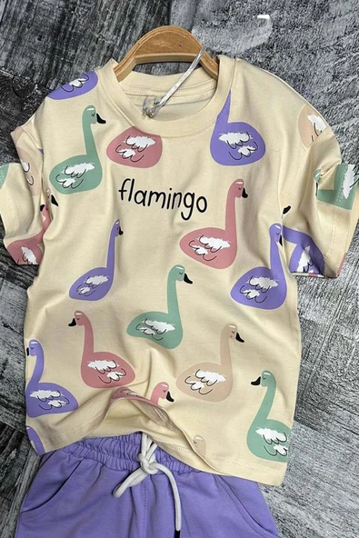 Kız Çocuk Flamingo Baskılı Kısa Kollu Mor Şortlu Takım - Resim 4