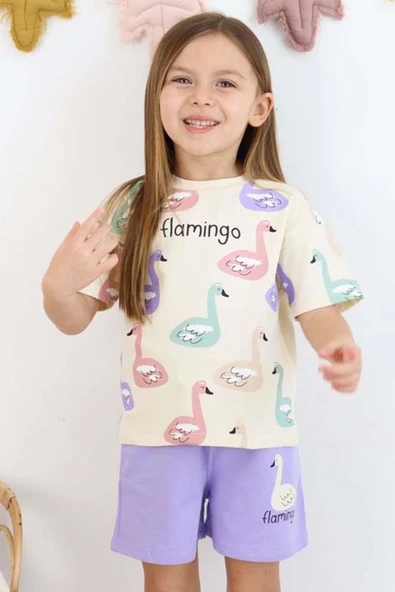 Kız Çocuk Flamingo Baskılı Kısa Kollu Mor Şortlu Takım - Resim 2