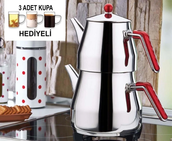 Kahramanlar Prizma Dev Çaydanlık Takımı 3 Adet Cam Kupa Hediyeli