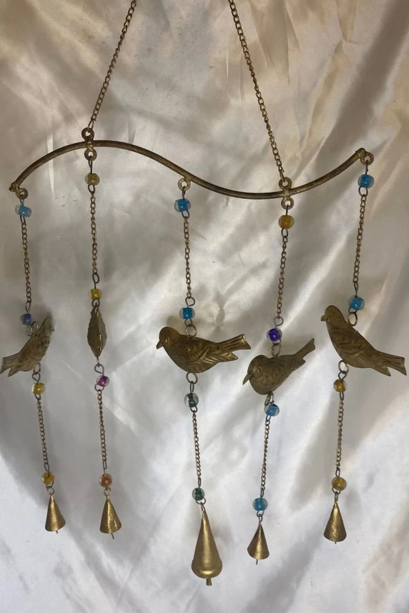 Deprem Zili Çanı Rüzgar Çanı Zili Feng Shui HaYat Ağacı Komple Metal 5 Kuş Çanlı Bronz - Resim 2