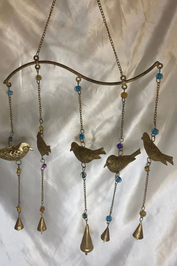 Deprem Zili Çanı Rüzgar Çanı Zili Feng Shui HaYat Ağacı Komple Metal 5 Kuş Çanlı Bronz - Resim 4