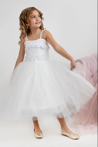 Minimony 5-9 Yaş Tarlatanlı Kız Çocuk Bayramlık Mezuniyet Balo Abiye Gelinlik Elbisesi 5011 - 4