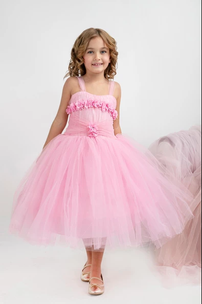 Minimony 5-9 Yaş Tarlatanlı Kız Çocuk Bayramlık Mezuniyet Balo Abiye Gelinlik Elbisesi 5011 - 9