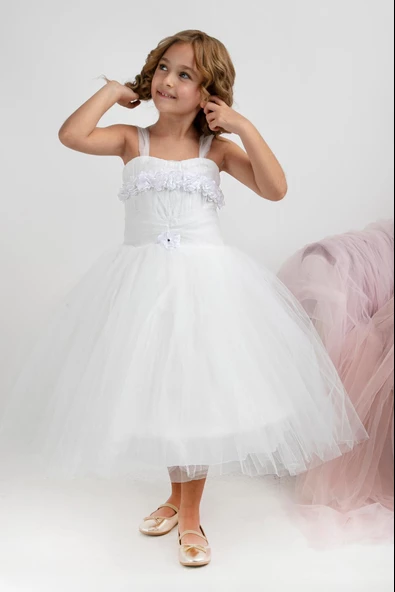 Minimony 5-9 Yaş Tarlatanlı Kız Çocuk Bayramlık Mezuniyet Balo Abiye Gelinlik Elbisesi 5011